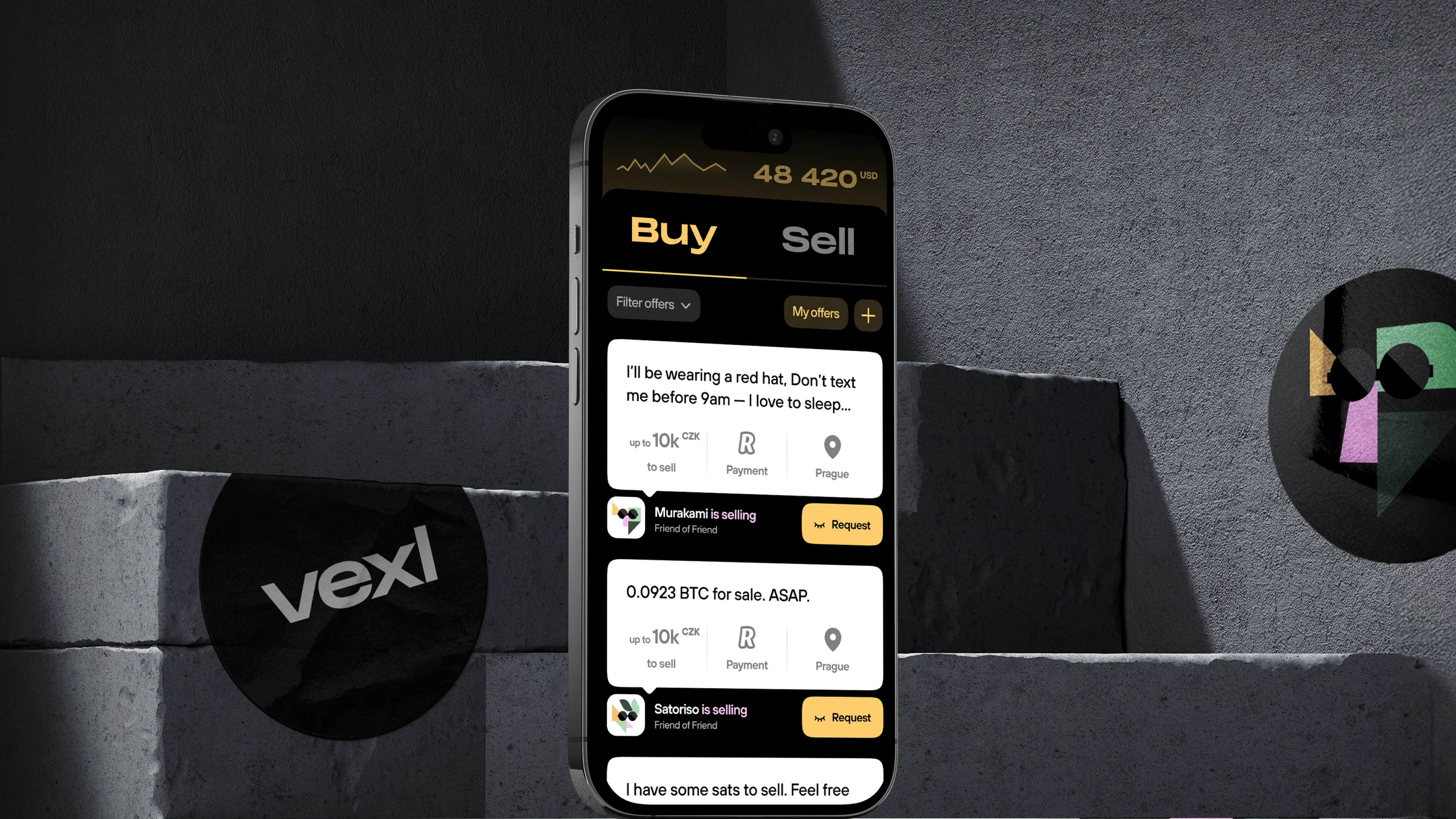 The Vexl app open on a phone, set against dark stone blocks with vexl logo coasters.