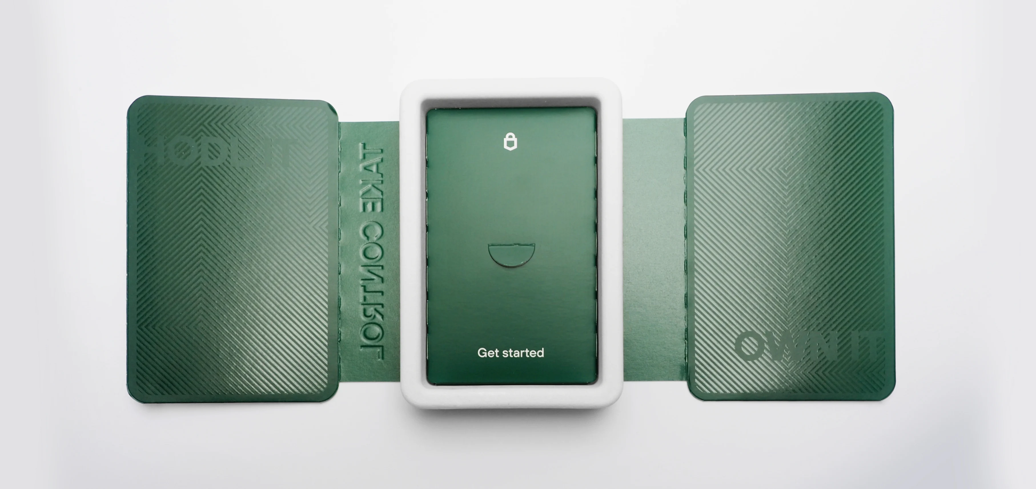 The pack opened out — embossed green panels flanking a white tray that holds a green “Get started” card marked with a lock.