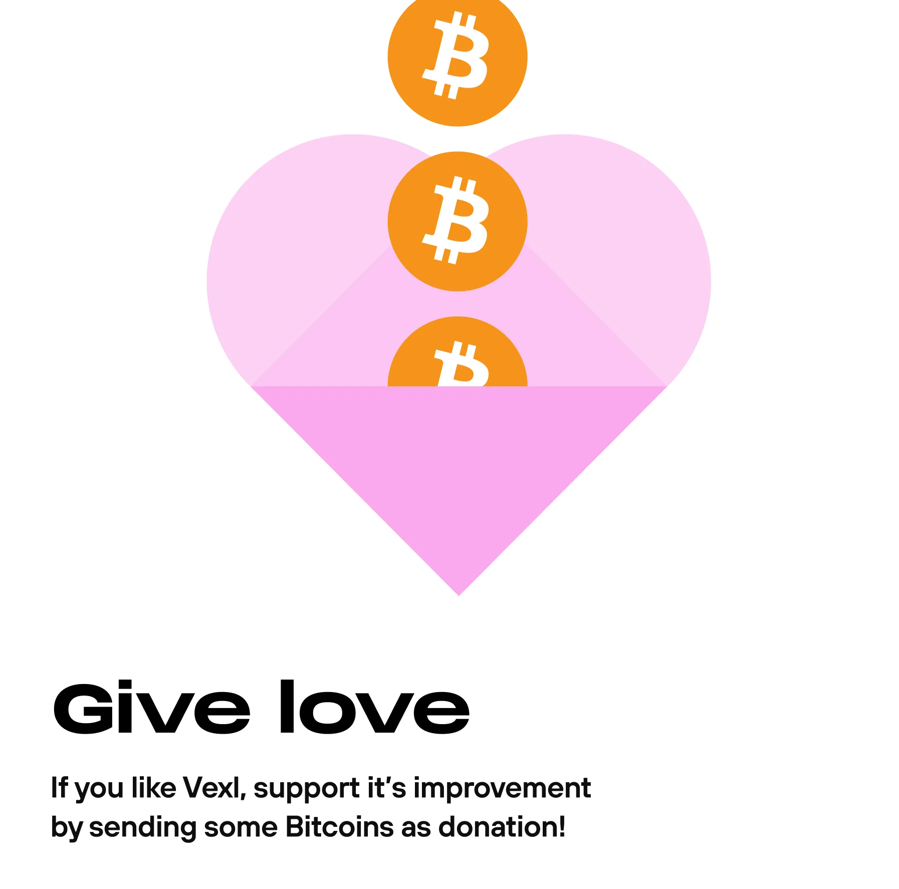 “Give love” — a heart raining Bitcoin coins, inviting donations to support Vexl.