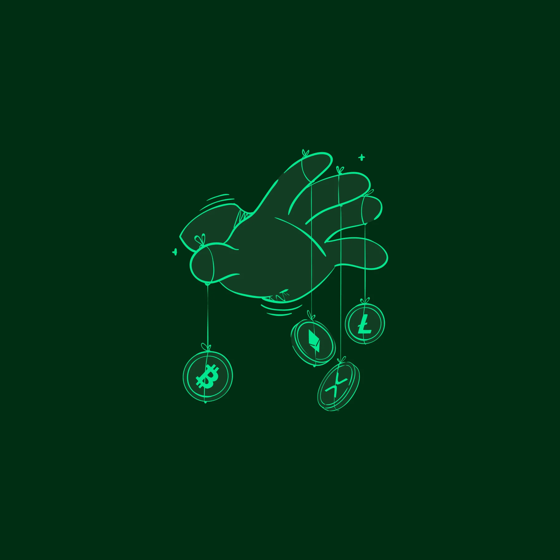 A hand-drawn illustration of a hand releasing crypto coins on dark green.