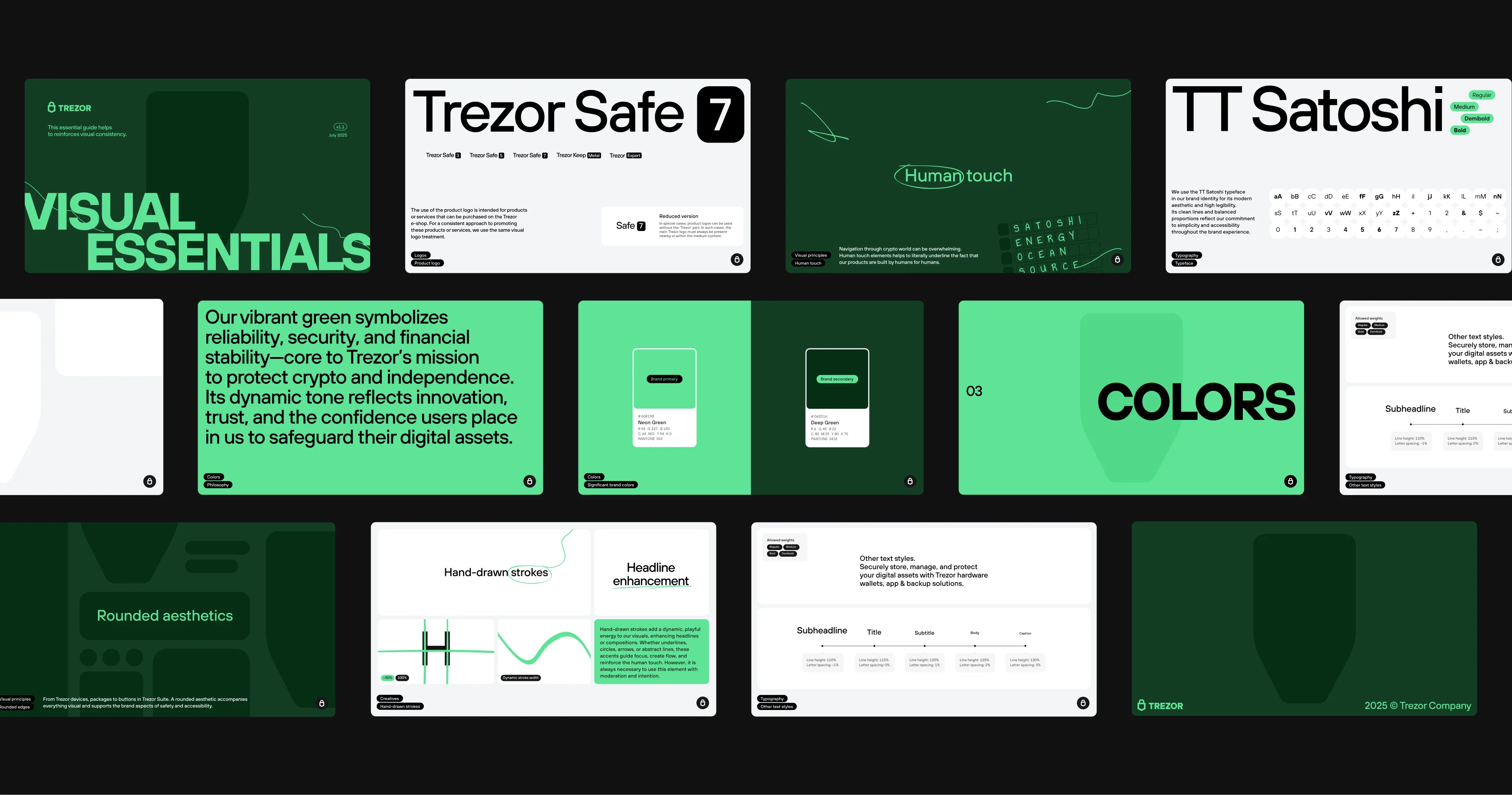 The brand-guidelines “Visual essentials” spread — device, Trezor Safe 7, TT Satoshi and colours.