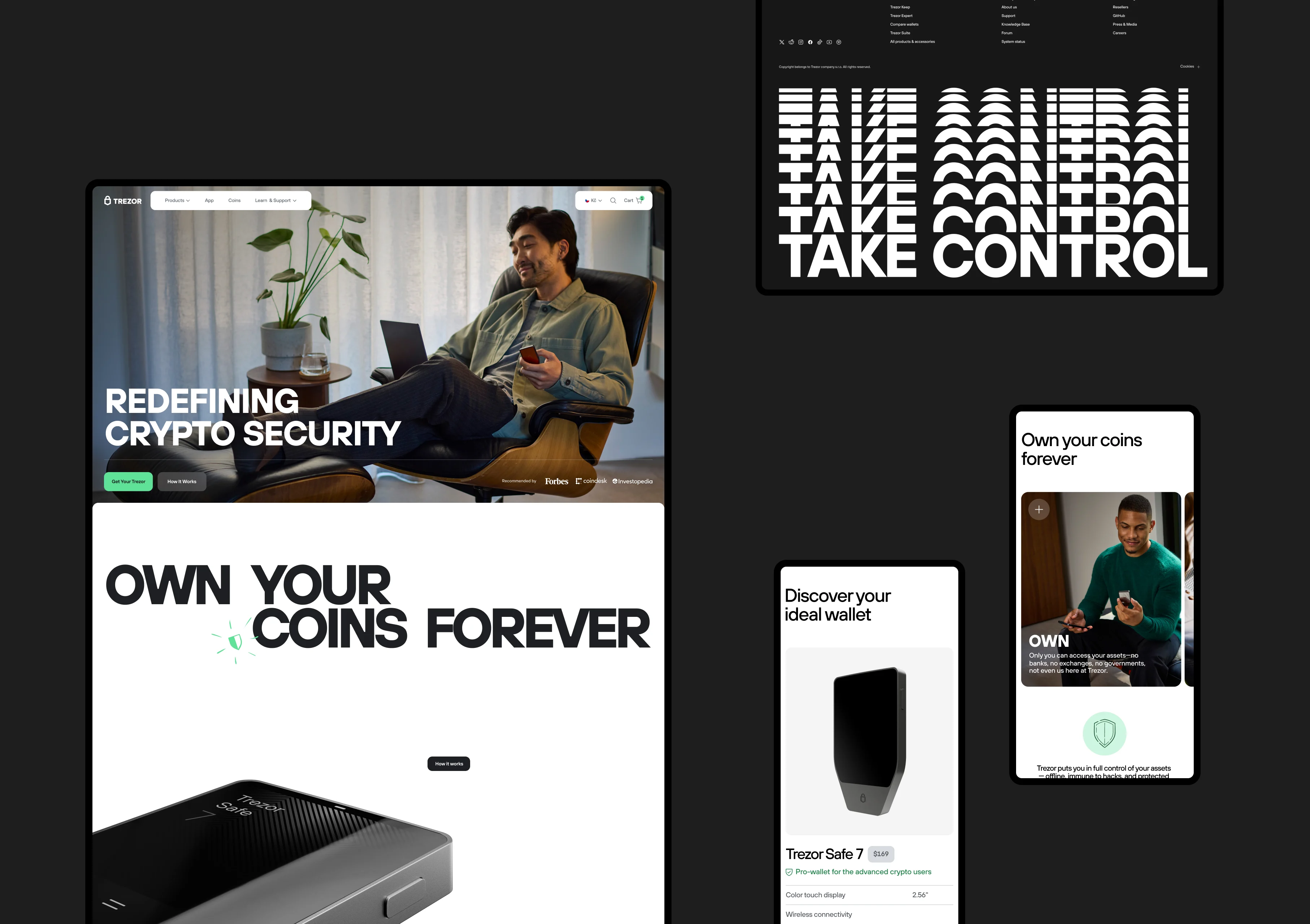 The e-shop vision — website mockups: “Redefining crypto security”, “Own your coins forever”, a repeated “Take control” type panel and product cards.