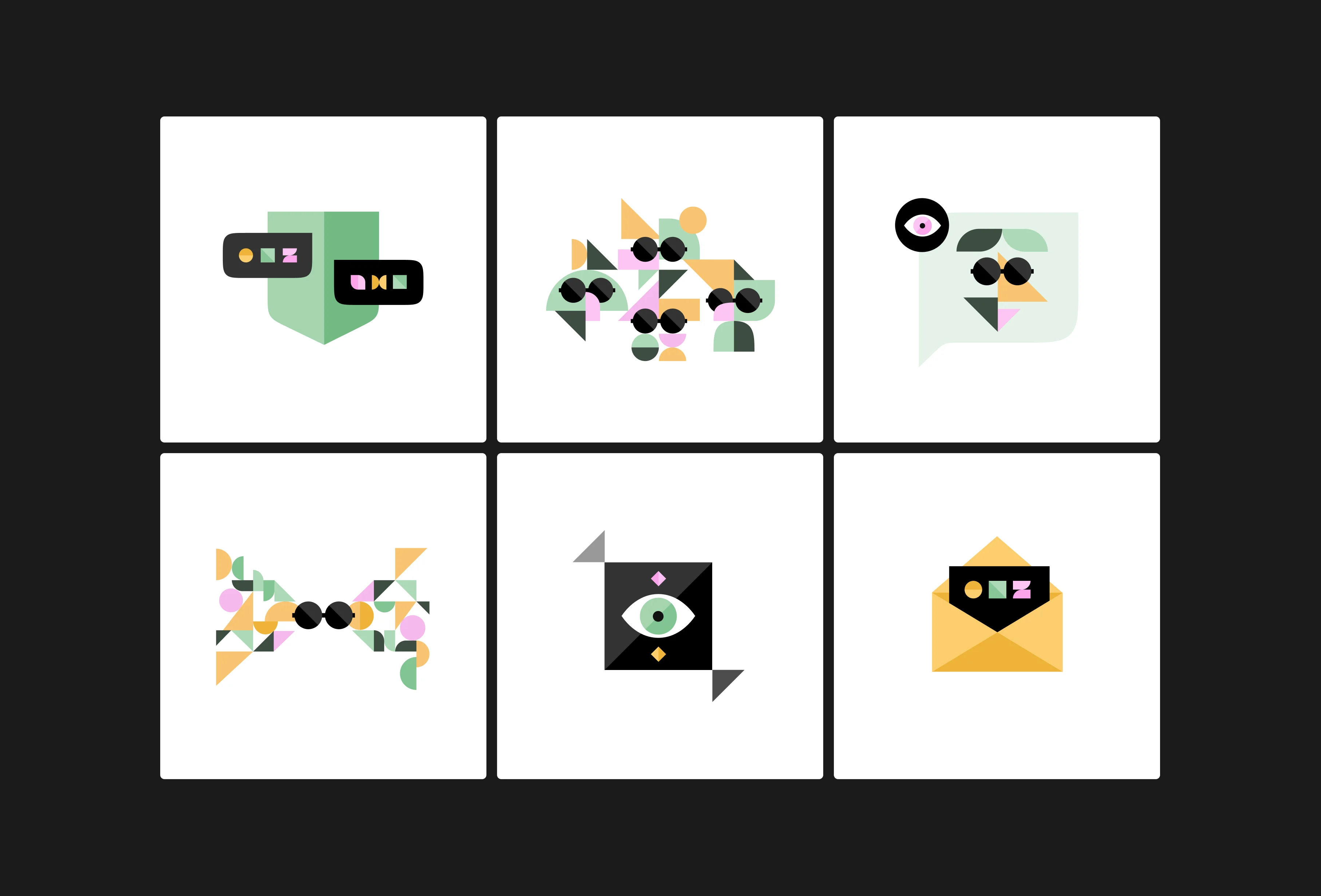 A grid of six privacy and messaging icons in the Vexl illustration style.