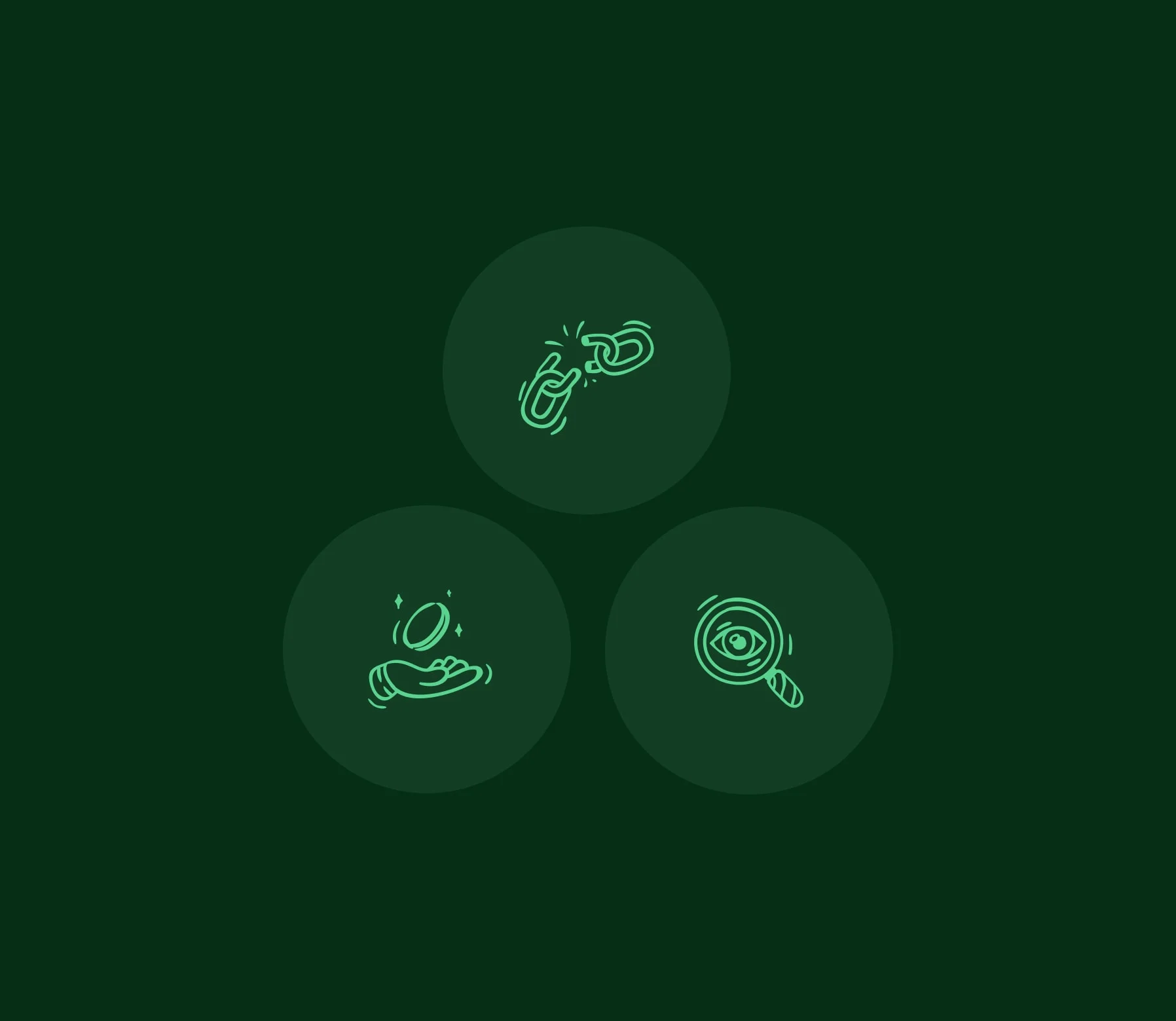 Three outlined illustration icons on dark green — the brand's illustration system.