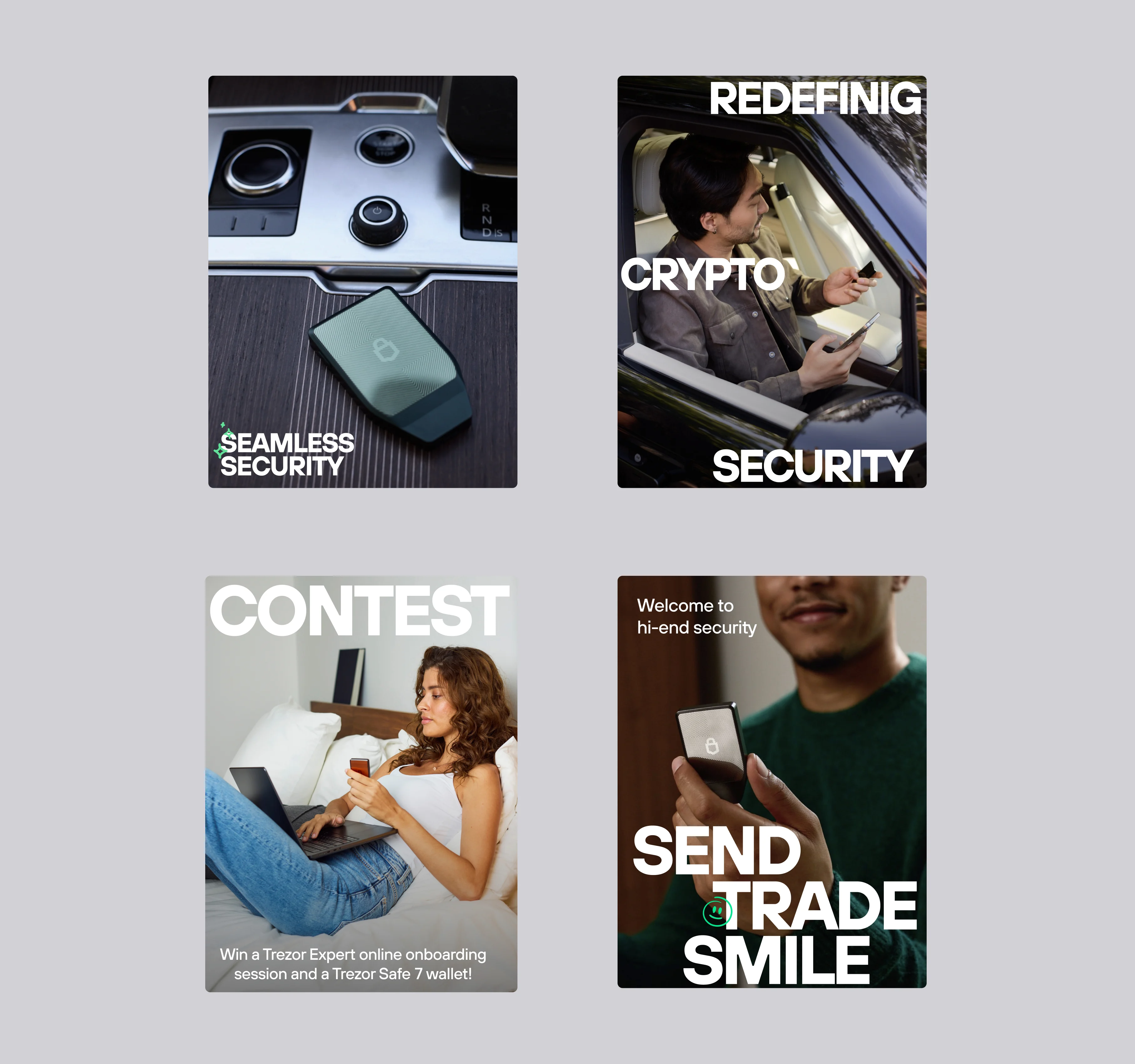 A grid of campaign social posts — seamless security, redefining crypto security, a contest, “send, trade, smile”.